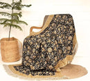 Bohemian Floral Cotton Throw Blanket with Tassels | 48x70 Inch Handblock Printed Sofa Throw | Black & Gold Decorative Bed Cover | Lightweight Couch Throw for Living Room & Bedroom by CozyNest Decor