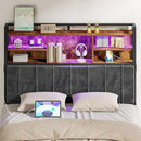 Headboard with 3-Tier Storage Shelves, Velvet Upholstered Head Board with 2 Outlets, USB Ports & LED Light, Soft Backrest for Full Size Bed, Rustic Brown and Black BH13801B by CozyNest Decor