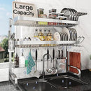 3 Tier Extra Large Stainless Steel Expandable Over The Sink Dish Drainer Drying Rack, Rust Proof Metal, Space Saving, Modern Silver Big Capacity Extendable Plate Strainers Above Kitchen Counter by CozyNest Decor