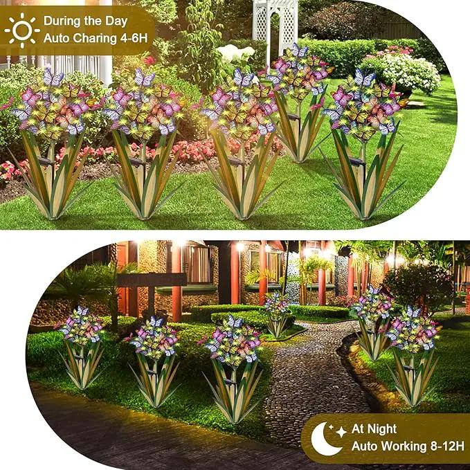 Solar Metal Agave Butterfly Flower Stick Garden Sculpture - Outdoor Gift, Christmas Lights, Swaying Butterfly, Sunflower - Solar Outdoor Statues (3 PCS Light Green), photo 4 of 7