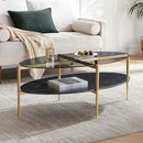 Oval Glass Coffee Table, Mid-Century Modern Design, L43 x W22 x H17 inch, Surfboard Shaped Grey Glass Top and Black Marble Finish Wood Shelf, Tapered Legs with Gold Finish Frame by CozyNest Decor