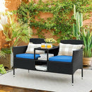Flamaker Outdoor Furniture Patio Loveseat Wicker 2-Seat with Built-in Table and Cushions Rattan Porch Chairs Bench for Balcony, Lawn, Backyard (Blue) by CozyNest Decor