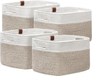 UBBCARE 4 Pack Baskets for Organizing, Woven Storage Baskets with Label for Toys and Towel, Rectangle Cotton Rope Basket with Handles, 15''L x10''W x9''H, White&Brown by TinyTreasures Baby Boutique