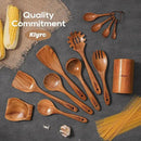 Wooden Spoons for Cooking, Nonstick Kitchen Utensils Set with 4 Piece Measuring Spoons, Comfort Grip Wooden Spatula Set, 9 Piece Teak Wooden Cooking Utensils with Holder and Spoon Rest by CozyNest Decor