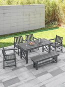 HDPE Outdoor Dining Set of 6, Patio Dining Table Set with 4 Chairs and 1 Bench, 6 Pieces HDPE Dining Set with Umbrella Hole, Outdoor Furniture Sets for Deck, Poolside, Garden, Smoke Gray by CozyNest Decor