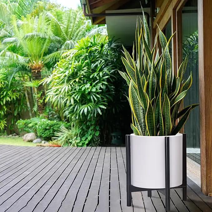 D'vine Dev Planter Pot with Stand - 14 Inch Plastic Cylinder Flower Pot with Wood Planter Holder for Indoor, Matte White Pot + Ebony Stand, 55-C-T-1, photo 6 of 6