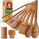 Riveira Dark Bamboo Wooden Spoons for Cooking 9-Piece with Holder, Apartment Essentials Wood Spatula Spoon Nonstick Kitchen Utensil Set Premium Quality Housewarming Gifts for Everyday Use by CozyNest Decor