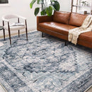 Washable Area Rug 9'x12' Dark Blue Retro Flowers Boho Design Non-Shedding Easy Care Ideal for High Traffic Areas in Living Room Bedroom Office Coffee Table Kitchen Large Carpet by TinyTreasures Baby Boutique