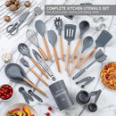 Country Kitchen Non Stick Silicone Utensil Set with Rounded Wood Handles for Cooking and Baking, 38 Piece Set, Gray by CozyNest Decor