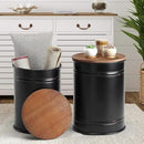 Rustic Storage Ottoman Seat Stool, Farmhouse Accent Side Table, Antique Galvanized Metal End Table Box Bin with Round Wooden Lid Set of 2 (Black) by CozyNest Decor