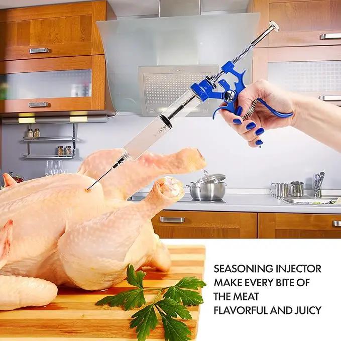 Meat Injector Marinade Gun Stainless Steel Outdoor Kit Flavor Food Syringes & 4 Marinades Needles for BBQ Grill Smoker Injectors Professional Syringe Held Culinary Barbecue Tool (Blue), photo 3 of 7