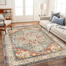 Washable Area Rug 10'x14' Red Khaki Retro Flowers Boho Design Non-Shedding Easy Care Ideal for High Traffic Areas in Living Room Bedroom Office Coffee Table Kitchen Large Carpet by TinyTreasures Baby Boutique