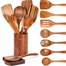 9 Piece Natural Teak Wooden Kitchen Utensil Set with Spoon Rest - Comfort Grip Cooking Spoons and Utensils Holder by CozyNest Decor