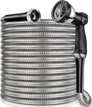 110 ft Garden Hsoe - 2025 New 304 Stainless Steel Garden Hose with 10-Function Spray Gun, 3/4'' Copper-Chrome Fittings – Lightweight, Durable, and Kink-Free, Metal Water Hoses for Gardening by GreenHaven Gardens
