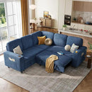 LINSY HOME Sectional Sleeper Sofa with Pull Out Couch Bed - Convertible Plush Corduroy Cloud Couch with Storage Chaise & USB Charging, Comfy L Shaped Modular Couches for Living Room Apartment, Blue by CozyNest Decor