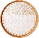 Round Rattan Tray with Mother of Pearl Inlay & Wooden Base - Decorative Wicker Serving Tray for Coffee/Bread/Fruits, Food Storage & Display - Multipurpose Home Decor (M,Fish Scales) by CozyNest Decor