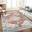 Washable Area Rug 9'x12' Red Blue Retro Flowers Boho Design Non-Shedding Easy Care Ideal for High Traffic Areas in Living Room Bedroom Office Coffee Table Kitchen Large Carpet by TinyTreasures Baby Boutique