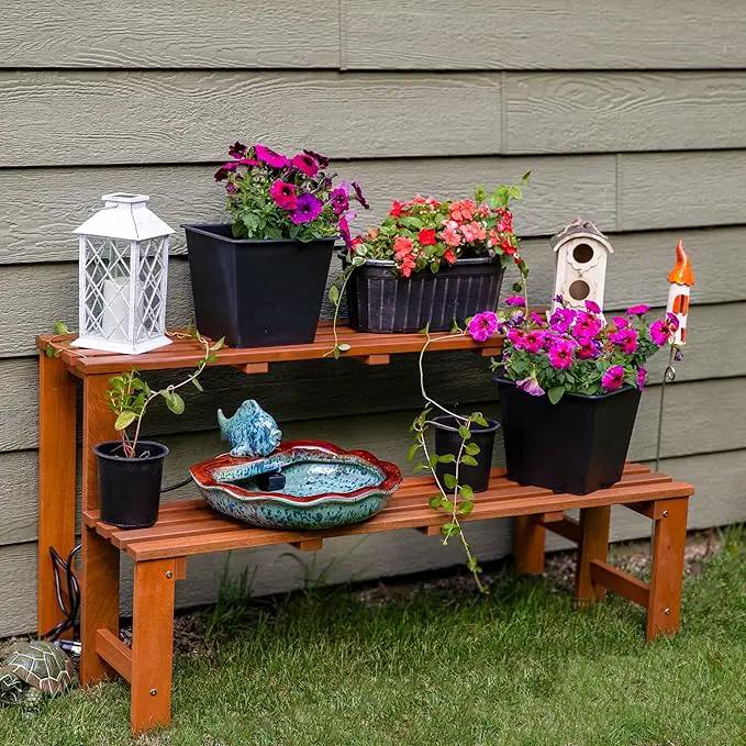 Sunnydaze 2-Tier Meranti Outdoor Wood Plant Stand - Indoor Plant Bench with Teak Oil Finish - 24-Inch, photo 2 of 9