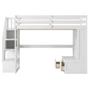 Full Size Loft Bed With Desk And Shelves, 2 Built In Drawers, Storage Staircase - White by HouseOfZazla