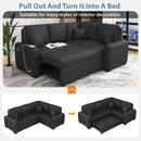 87.4"Sectional Sleeper Sofa with USB Charging Port and Plug Outlet,Pull-Out Sofa Bed with 3 Pillows, L-Shape Chaise for Living Room Small Apartment,Black