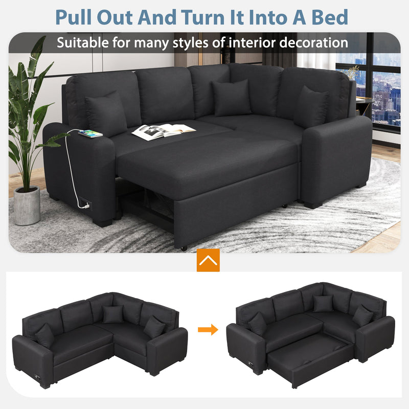 87.4"Sectional Sleeper Sofa with USB Charging Port and Plug Outlet,Pull-Out Sofa Bed with 3 Pillows, L-Shape Chaise for Living Room Small Apartment,Black