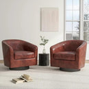Swivel Barrel Accent Chair, Modern Round Faux Leather Arm Chair for Living Room, Bedroom, Comfy Club Reading Chairs for Adults(Faux Leather, Red Brown, Set of 2) by CozyNest Decor