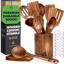 Wooden Spoons for Cooking – Wooden Cooking Utensils Set with Holder, Spoon Rest & Hooks, Teak Wood Nonstick Kitchen Cookware – Durable Set of 12pcs by Woodenhouse by CozyNest Decor