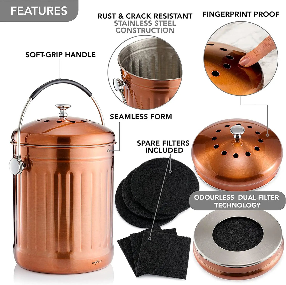RED FACTOR Premium Compost Bin for Kitchen Countertop - Stainless Steel Food Waste Bucket with Innovative Dual Filter Technology - Includes Spare Filters (Matt Copper, 1.3 Gallon), photo 5 of 6