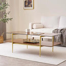Extra Large Rectangle Glass Coffee Table, Mid-Century Modern Design for Living Room, L47 x W24 x H17, Amber Glass Top and Walnut MDF Shelf, Sleek Conical Metal Legs with Gold Finish by CozyNest Decor