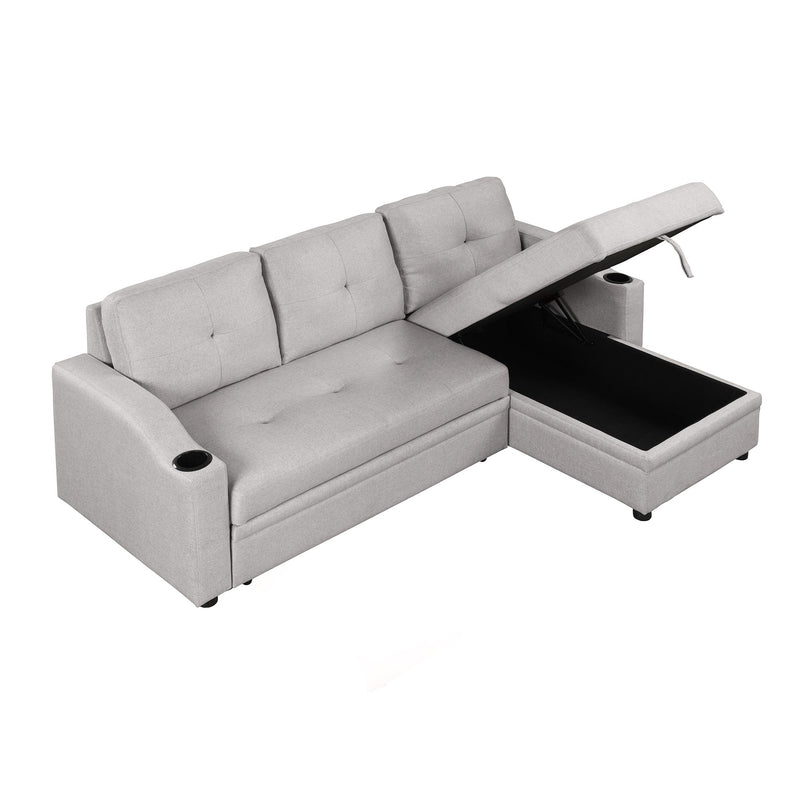 80.3" Pull Out Sofa Bed Modern Padded Upholstered Sofa Bed, Linen Fabric 3 Seater Couch with Storage Chaise and Cup Holder, Small Couch for Small Spaces