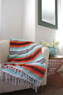 Del Mex Classic Mexican Blanket, Large Authentic Woven Falsa Throw (70"x50"), Artisan Southwest Décor for Beach, Yoga, Outdoors (Mint/Orange) by CozyNest Decor