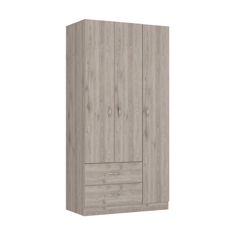 Walker Edison - Austral 3 Door Armoire with Two Drawers, Shelves, and Hanging Rod - Light Gray