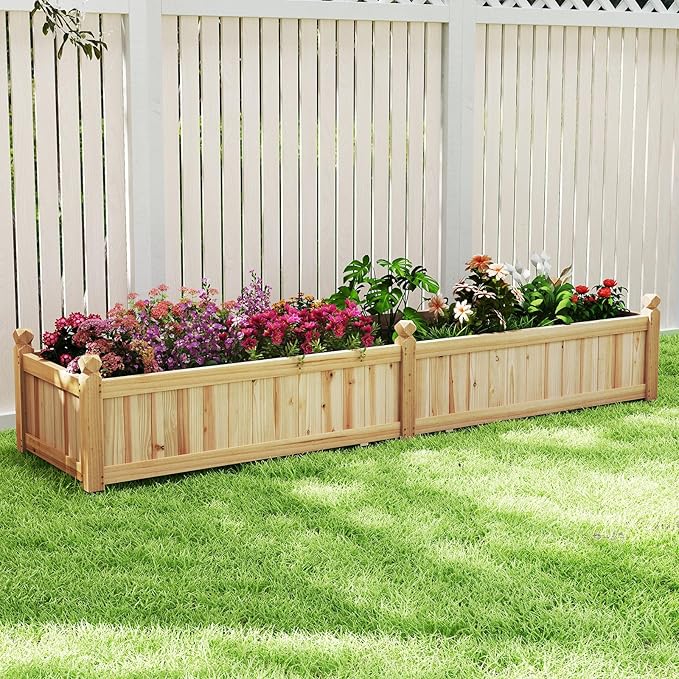 HAPPYGRILL Raised Garden Bed, Wooden Elevated Garden Box w/8 Drain Holes, Detachable Bottom Panels, Liner for Flowers Vegetables Herbs Fruits, Outdoor Planter Box for Backyard Lawn, 89" x 23.5" x 16", photo 9 of 9