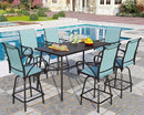 PHI VILLA 7 Piece Outdoor Bar Dining Set, High Top Patio Table and Chairs with 6 Swivel Teal Bar Stools & 40" Rectangle Metal Bar Table for Garden, Yard and Deck by CozyNest Decor