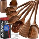 PriorityChef Premium Wooden Spoons for Cooking - 6pc with Utensil Holder, Spoon Rest and Hanging Hooks, Smooth Finish Teak Wooden Utensil Set, Heat-Resistant & Nonstick Safe, Ideal for Gifting by CozyNest Decor