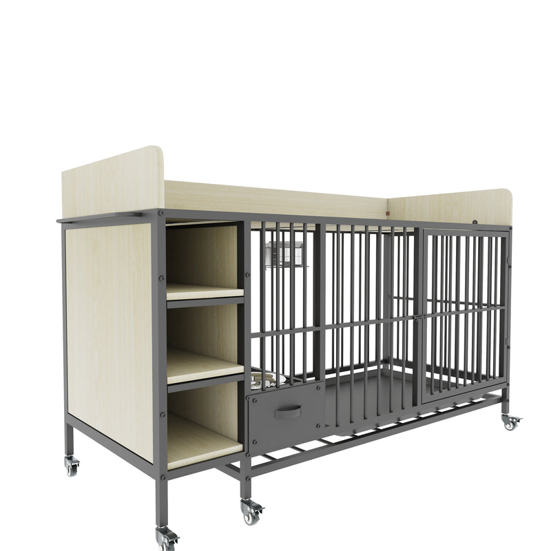 Large pet cage with storage rack, drawers with stainless steel food and water basin, made of iron frame and MDF material, sturdy, exquisite, and practical (black+beige)