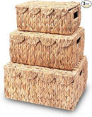 Set of 3 Scalloped Edge Wicker Basket with Lid, Rectangle Wicker Storage Basket with Built-in Handles, Multipurpose Organizer Rattan Display Boxes for Shelf, Nursery Room by CozyNest Decor