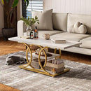 GiftGo Rustic Coffee Table with Storage Modern 3 Tier Center Living Room Table Faux Marble Wooden Rectangle Cocktail Tea Table for Office Bedroom Elegant Full Moon Design (White Gold, L-47) by CozyNest Decor