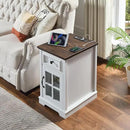 Farmhouse XXL End Table with Charging Station, Side Table with USB Ports and Outlets, Nightstand with Drawer and Glass Door Storage, White Bedside Tables for Living Room, Bedroom, Office by CozyNest Decor