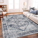 Washable Area Rug 10'x14' Dark Blue Retro Flowers Boho Design Non-Shedding Easy Care Ideal for High Traffic Areas in Living Room Bedroom Office Coffee Table Kitchen Large Carpet by TinyTreasures Baby Boutique
