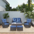 Wicker Outdoor Furniture Patio Furniture Set - 6 Piece Patio Conversation Set with Swivel Rocker Chairs, Loveseat Sofa, Ottomans and Coffee Table, Blue Cushion by GreenHaven Gardens