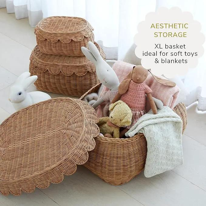 BEBE BASK Large Scalloped Basket Set Of 3 - Hand-Woven & Award-Winning Scallop Basket - XL - Extra Large for Blankets 22 x 16 x 10 In - Elegant Wicker With Scalloped Edge Lid (Mocca), photo 3 of 9