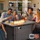 ovios 5 Pieces Patio Furniture Set with 42" Fire Pit Table, Outdoor Wicker Sofa with Loveseat, Comfy Cushions, High Back Couch Conversation Set, Brown Rattan, Navy Blue by GreenHaven Gardens