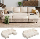 LINSY HOME Sectional Sleeper Sofa with Pull Out Couch Bed - Convertible Plush Corduroy Cloud Couch with Storage Chaise & USB Charging, Comfy U Shaped Modular Couches for Living Room, Beige by CozyNest Decor