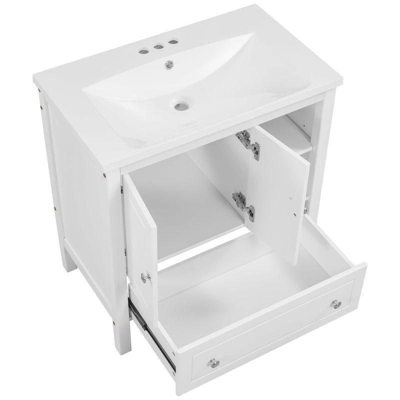 30" Bathroom Vanity with Sink, Bathroom Storage Cabinet with Doors and Drawers, Solid Wood Frame, Ceramic Sink, White