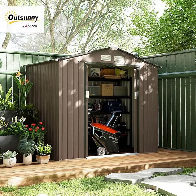 Outsunny 7' x 4' Outdoor Storage Shed, Garden Tool Metal Shed with Foundation Kit, Double Lockable Door, Air Vents and Sloping Roof, for Backyard, Patio, Lawn, Brown, photo 2 of 9