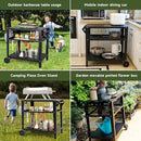 Black Outdoor Grill Cart with Wheels, Heavy-Duty 3-Tier BBQ Prep Table for Pizza Oven, Griddle, Patio – Rustproof Commercial Kitchen Cart with Tool Hooks by CozyNest Decor