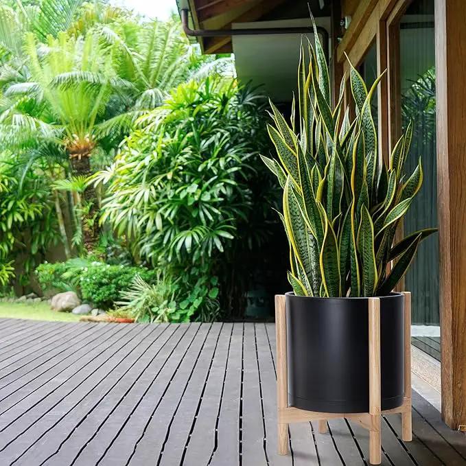 D'vine Dev Planter Pot with Stand - 14 Inch Plastic Cylinder Flower Pot with Wood Planter Holder for Indoor, Matte Black Pot + Natural Stand, 55-C-S-2, photo 6 of 6