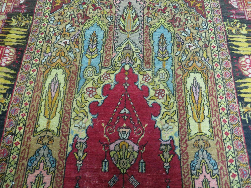 4' X 6' Antique 1920s Handmade Turkish Mehrab Design Wool Rug Lantern Beautiful