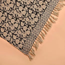 Handmade Cotton Throw Blanket, Floral Block Print, Black and Beige Wrap, 47x71 inches Decorative Woven Throw with Tassels by CozyNest Decor